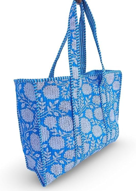 Cotton Floral Block Print Tote Bag Handmade Indian Shoulder Bag, Qiulted Market Shopping Bag - Image 3