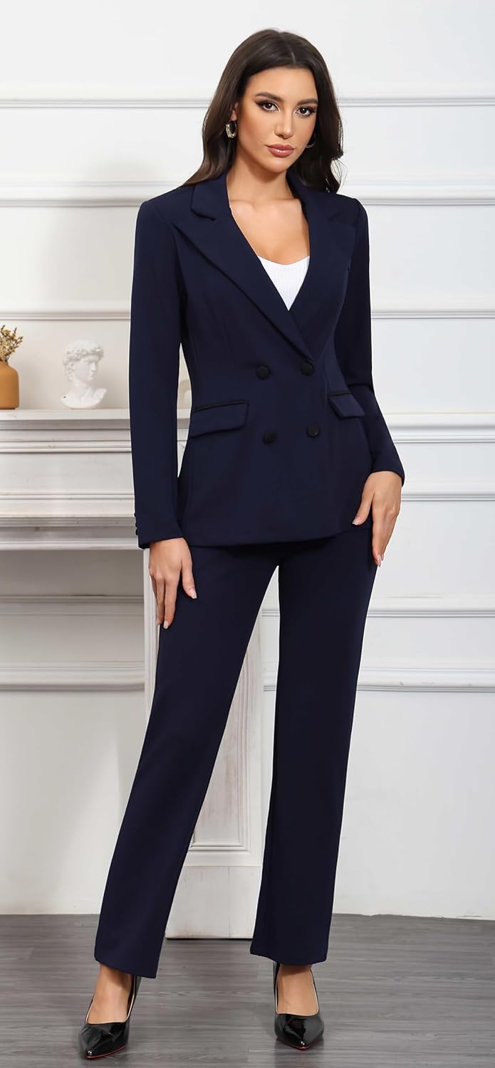 Women's Business Pant Suits 2 Piece Blazer Set Double Breasted Casual Work Office Outfits - Image 2