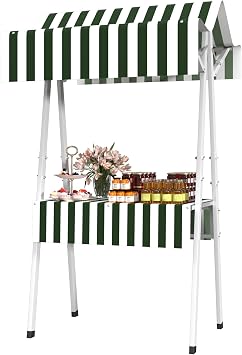 Outdoor Vendor Cart with Canopy, Green Farmers Market Stand | 43.30in Foldable Metal Market Stall Display Stand, Multi-Purpose Floor Wagon for Retail Kiosks Events Festivals Trade Shows