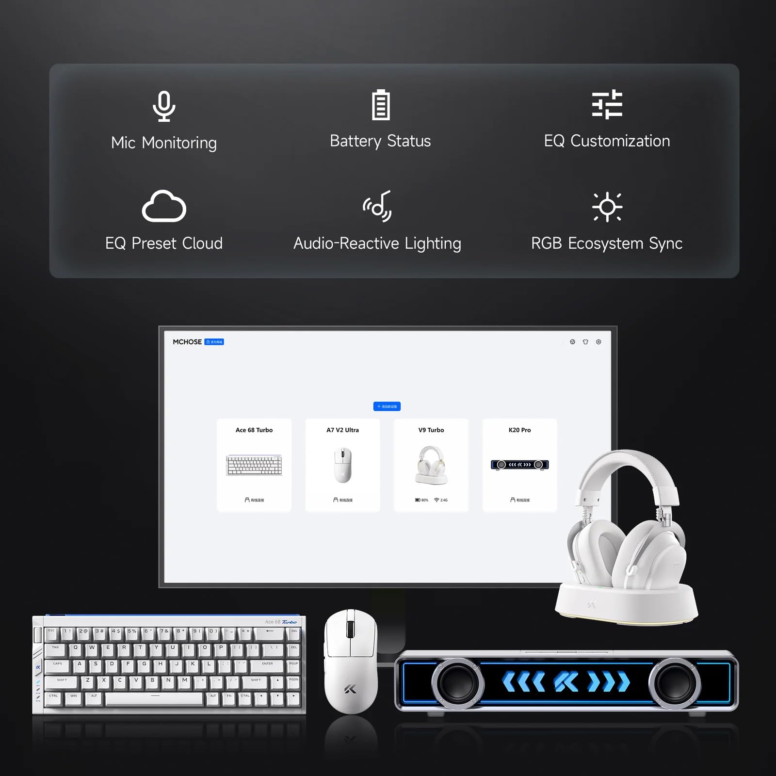 MCHOSE V9 Turbo+ Cuffie da gioco wireless RGB con stazione di ricarica magnetica, cuffie da gioco con suono surround 7.1 con microfono a cancellazione del rumore, bassa latenza di 15 ms, leggere, per