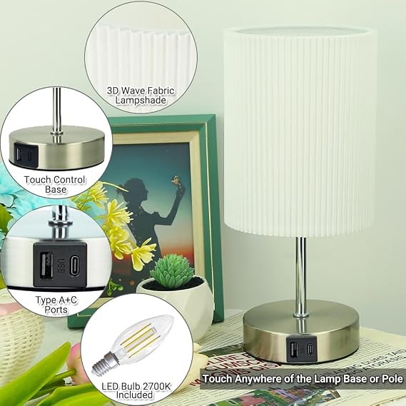 HSLighting Bedside Lamps, Touch Control Table Lamp with Metal Base [Energy Class F]