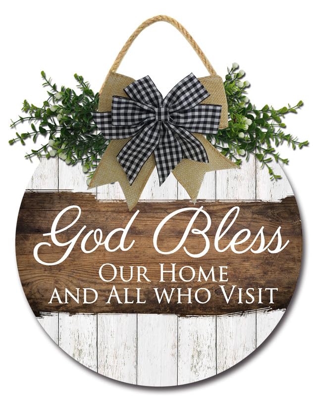 FemiaD God Bless This Home and All Who Enter Sign for Front Door Funny Wreaths Hanging Wooden Plaque Decoration Round Rustic Wood Farmhouse Porch Decor for Home Front Door Decor 11inch