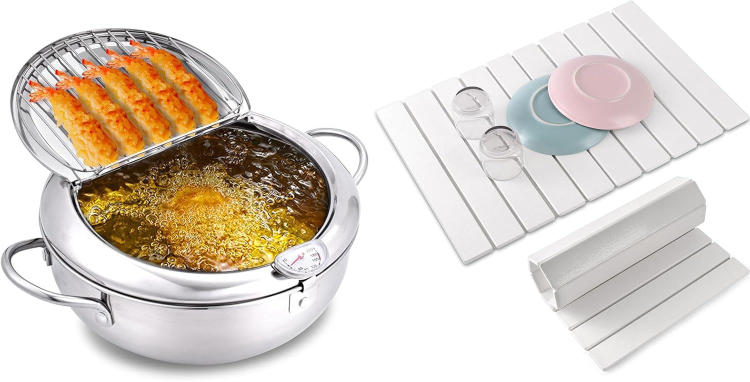 Kitchen Duo: 9.4" Stainless Steel Deep Fryer with Temp Gauge + Foldable 23x15.3" Diatomite Drying Mat for Effortless Frying & Drying