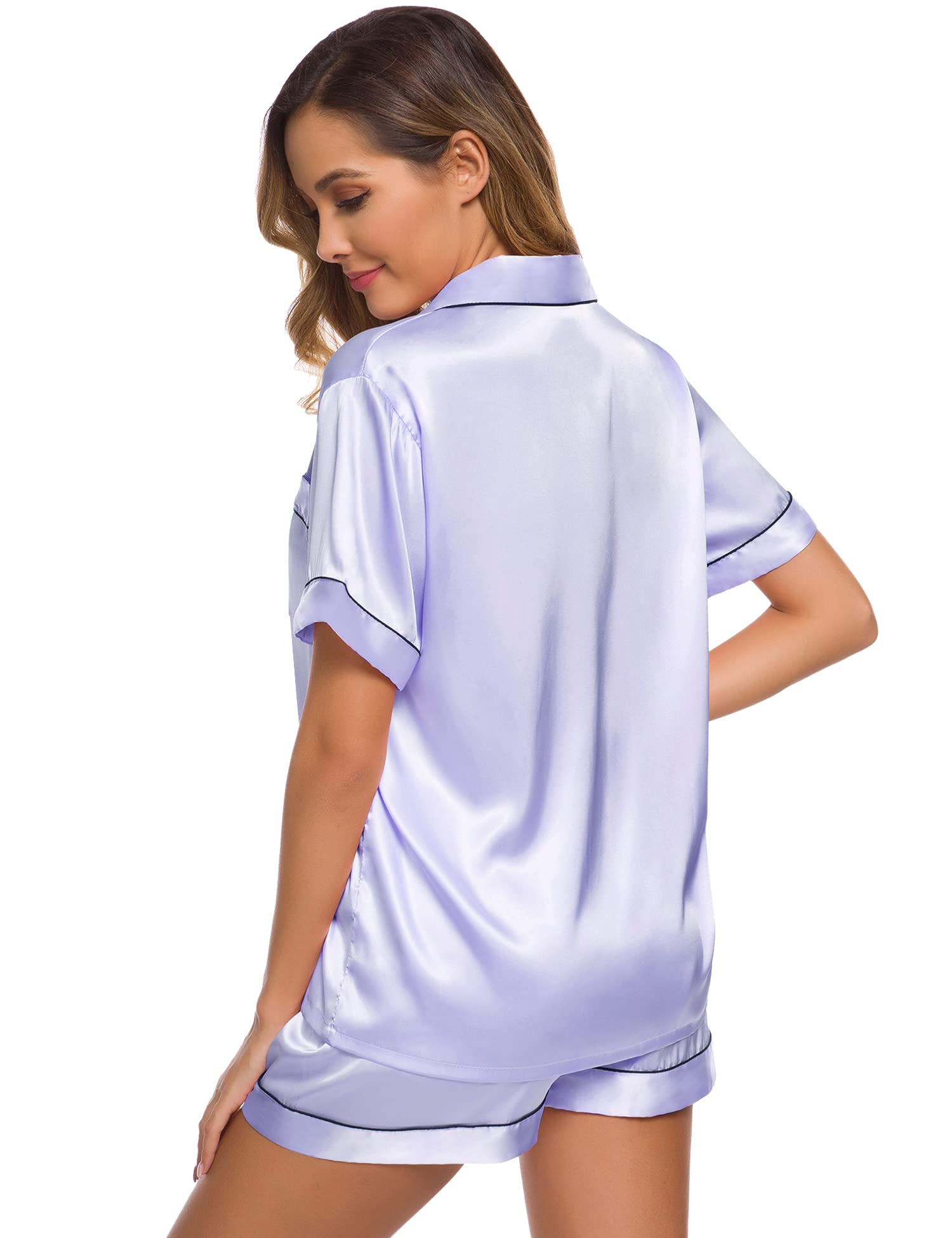 SWOMOG Womens Silk Satin Pajamas Set Short Sleeve Sleepwear Button Down Top and Shorts Loungewear 2 Piece Pjs Set XS-3XL