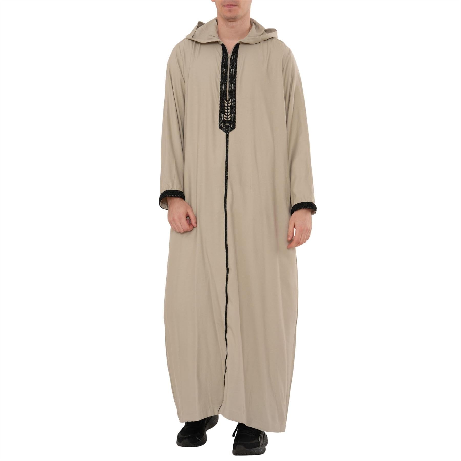 Men's Moroccan Thobe Hooded Djellaba Gandoura Embroidery Kaftan Eid Robe Hood Jubba - Grey Black 60