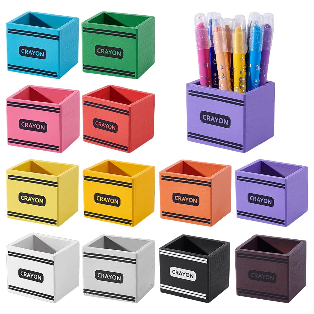 PH PandaHall 12pcs Crayon Holder Organizer, Wooden Colored Pen Holder Classroom Storage Caddy Case Desktop Art Organizer for Back to School Classroom Teacher Office Art Craft Supplies, 7x6x6cm