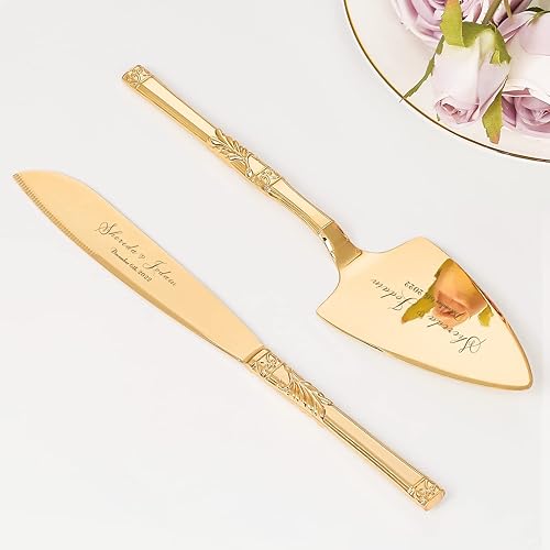 Miniatura 1 de Juego de corte de pasteles para boda, juego de cuchillos y servidores dorados personalizados, juego de servir pastel de pastelería grabado, cortador