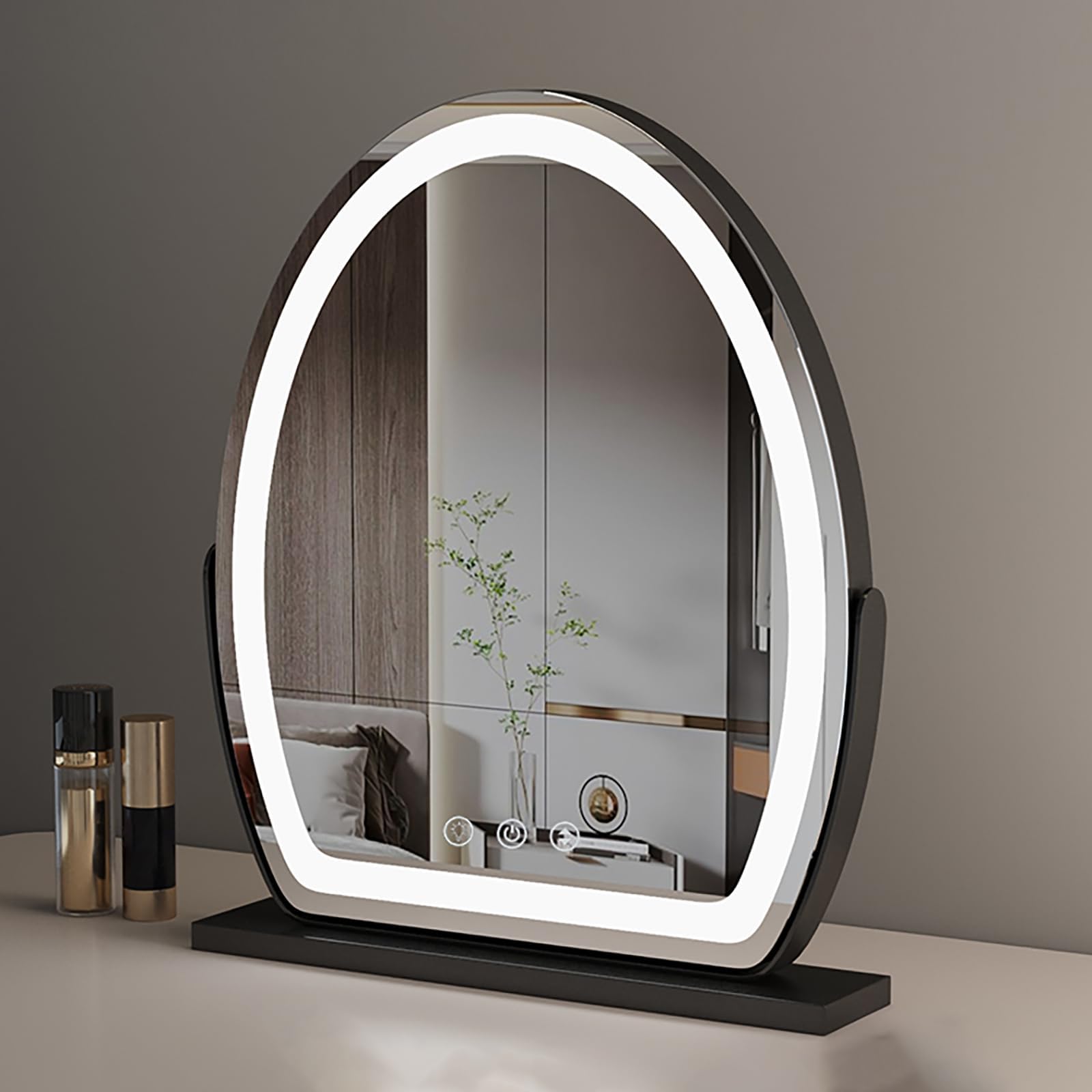 Obrotowe o 360° lusterko kosmetyczne ze światłami LED, ekran dotykowy, elegancki owalny design (czarne, 50 x 58 cm) – idealne do makijażu i akcesoriów kosmetycznych