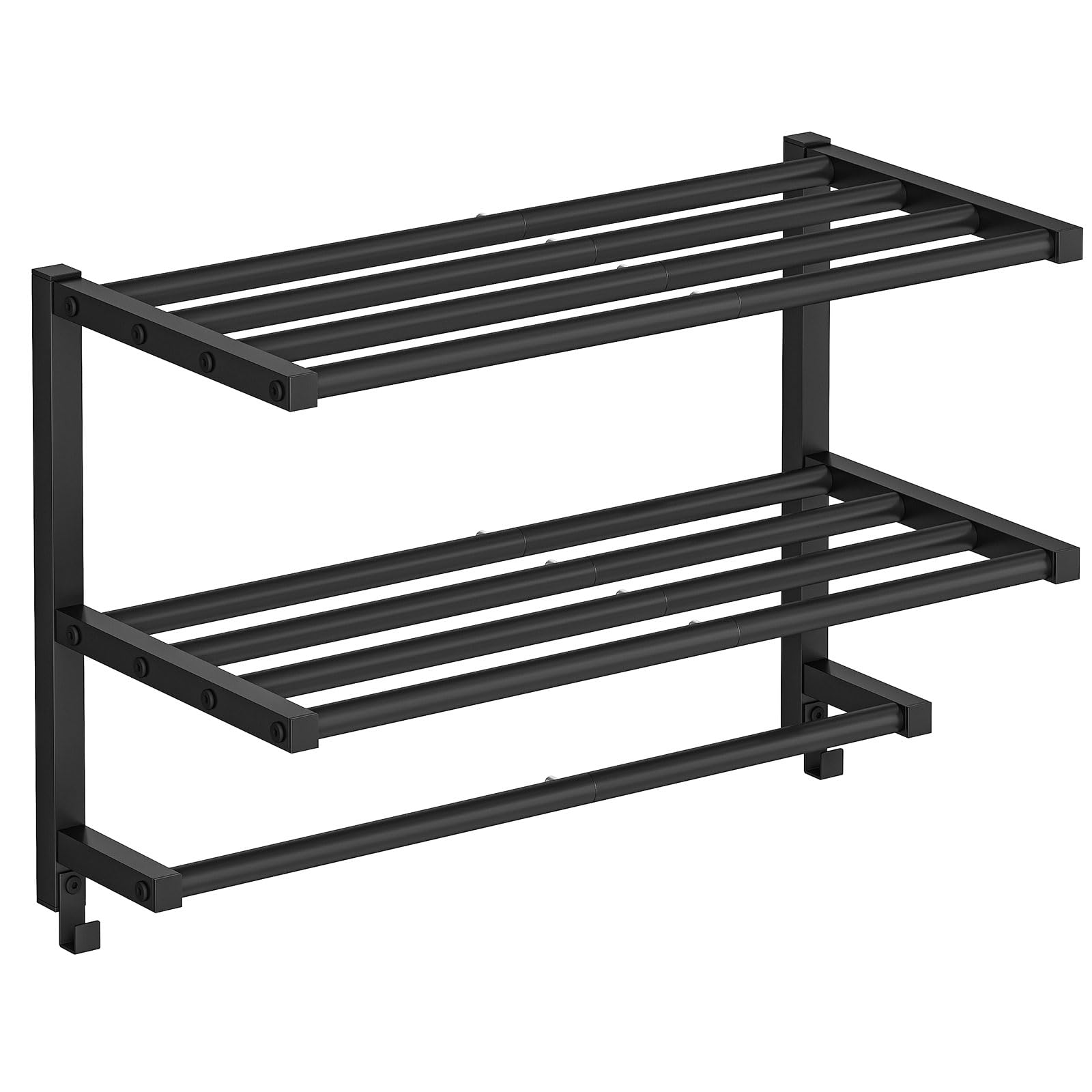 Toallero de Pared de 3 Niveles con Ganchos, Estante Metálico de Baño, para Toallas y Objetos de Aseo, 60,5 x 21,5 x 38,5 cm, Negro EBK08LB01