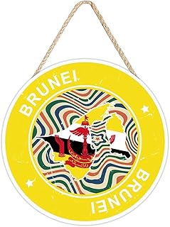Brunei Flag Map Welcome Sign Front Door Decor, Brunei Round Wood Hanging Sign Decor Farmhouse Wall Sign Decorations for Door, Porch, Home, Housewarming Gift