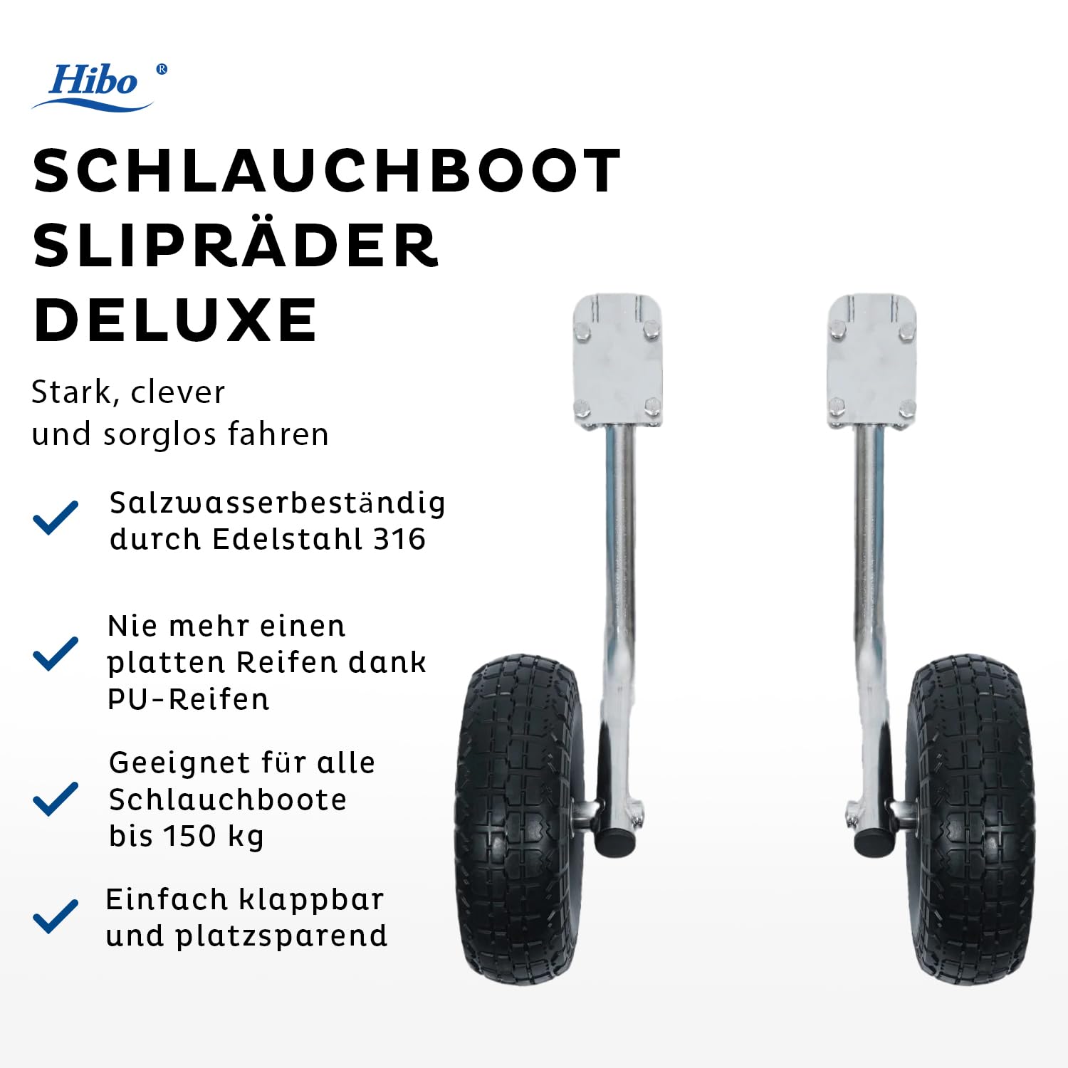HIBO Slipräder für Schlauchboot – klappbare Strandräder aus Edelstahl – Keine Platten Reifen, salzwasserfest & unter dem Heck montierbar