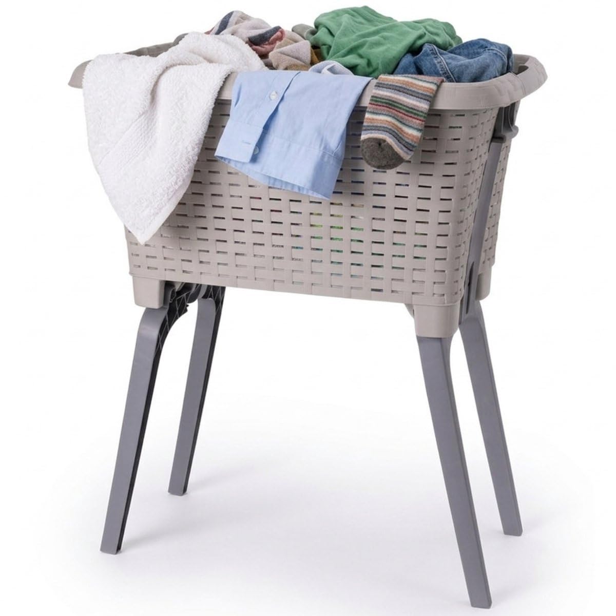 Moderner Wäschekorb mit klappbaren Beinen, in Grau, Grün oder Taupe. Hergestellt aus robustem Kunststoff. Faltbarer Wäschesammler, ideal für Badezimmer und Waschraum.