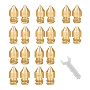 Lokkr 3D Printer Brass Extruder Nozzles Set, 20PCS Brass MK8 Nozzles 0.2MMx2 0.3MMx2 0.4MMx8 0.5MMx2 0.6MMx2 0.8MMx2 1MMx2 with Wrench for Makerbot, E3D, Creality CR-10/Ender 3/3 V2/3 S1/5, Prusa i3