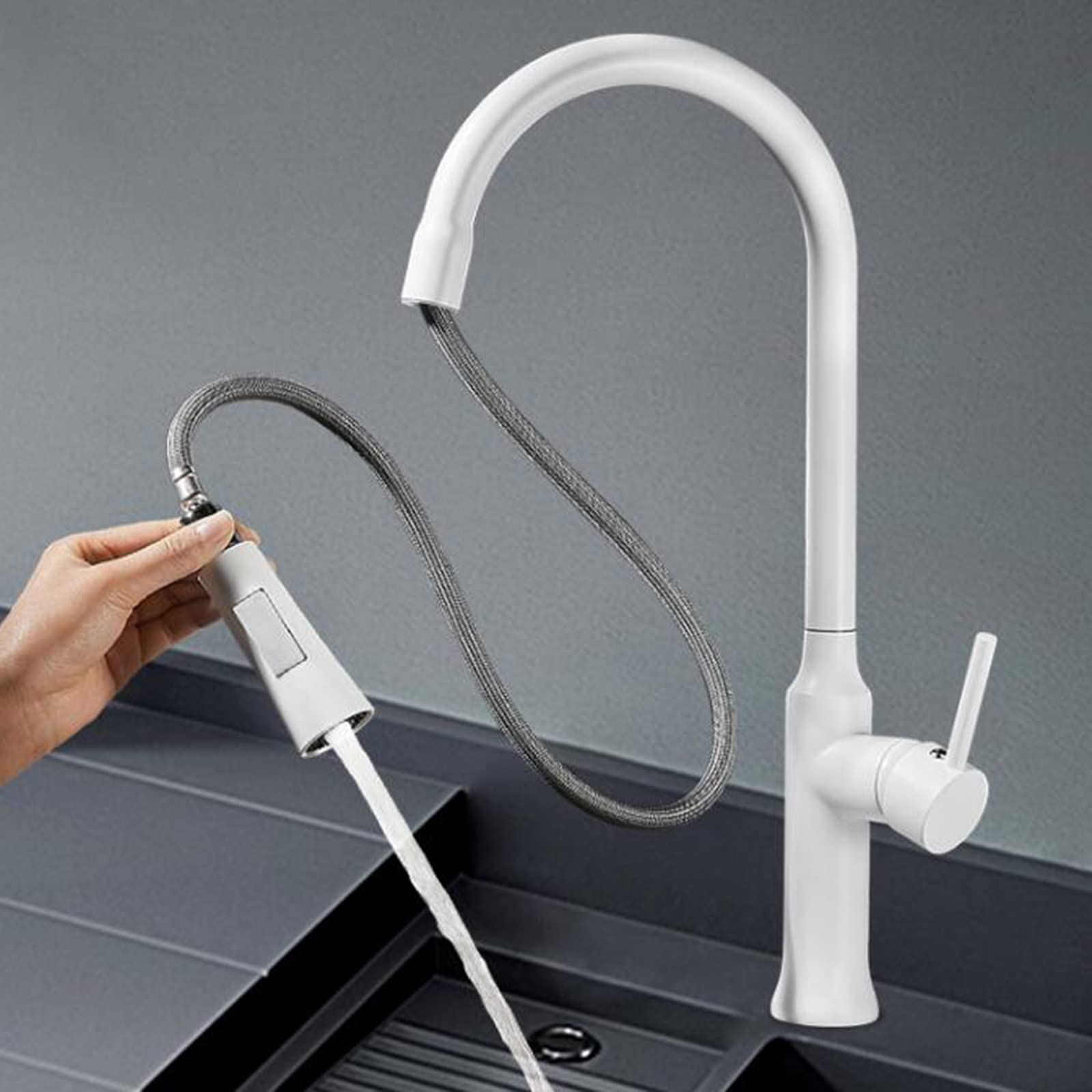 Robinet de cuisine avec douchette télescopique en laiton blanc eau chaude froide