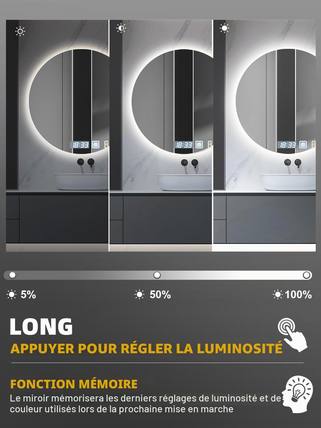 Miroir de salle de bain LED rond de 60 cm avec éclairage - Intensité variable et 3 températures de couleur (blanc chaud/blanc froid/lumière du jour) - Interrupteur tactile - LED économe en