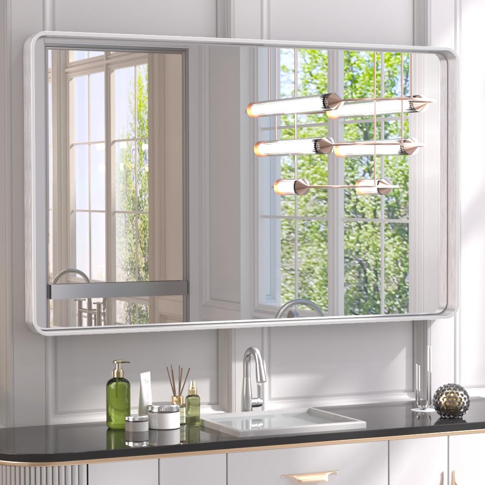 tetote silver framed bathroom mirror, 40 x 24 inch matte metal frame vanity mirror, modern farmhouse wall mounted rectangle mirror (horizontal/vertical)