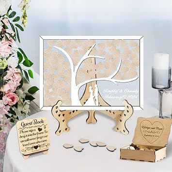 Personalized Wedding Guest Book Alternative Custom Wooden Love Tree Wedding Decorations for Reception with 30- 100PCS Heart, Acrylic Drop Box Frame Guest Book for Bridal Shower Party Anniversary