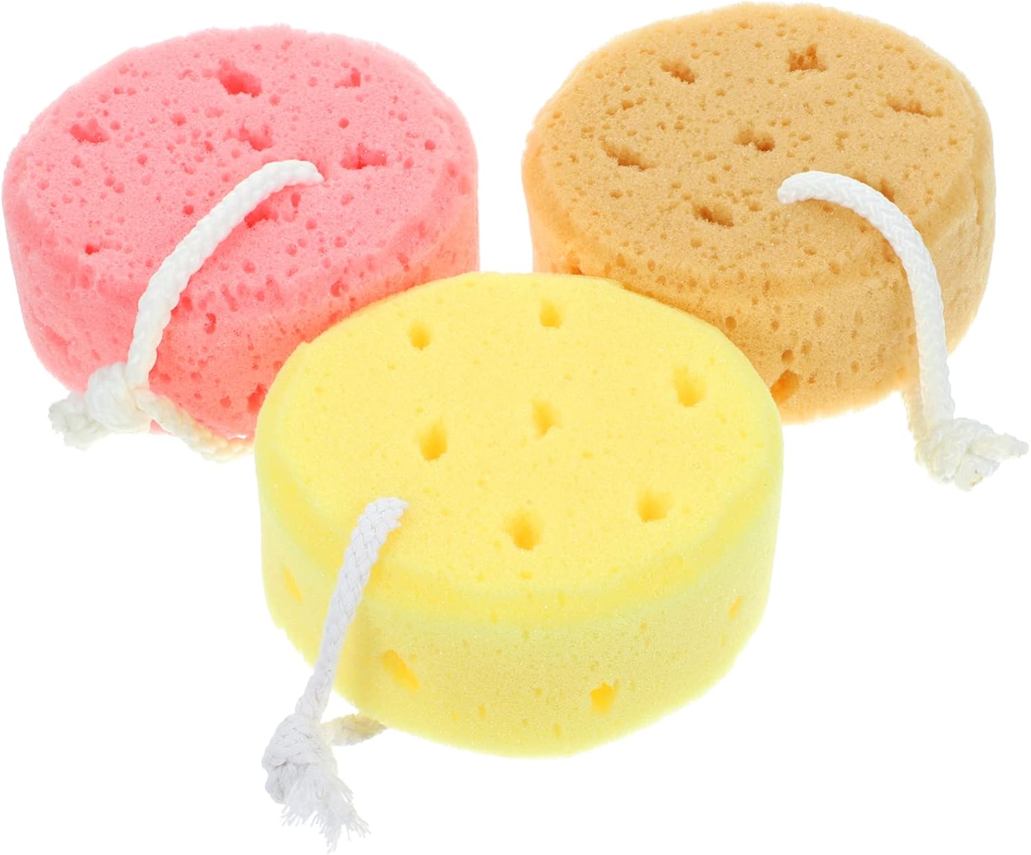 FRCOLOR Bath Shower Sponges Exfoliating Body Scrubber Set with Hanging Lanyard Lightweight Portable Soft Foam Sponge for Kids and Adults 3 Pack 4.33X4.33X1.77In