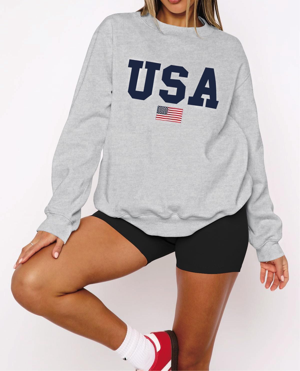 Dressmine Womens Oversized USA Sweatshirt Fleece Long Sleeve Pullover American Flag Crewneck Sweater Graphic Hoodies