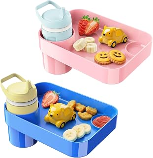 [Pink+Blue] Car Seat Tray for Kids Toddlers Travel with 3-Inch Cup Holder | Built-In Dip Well, Fits Sippy Cups & Straw Bottles, Mess-Free Kids Travel Tray, Easy Clean, Road Trip Essentials