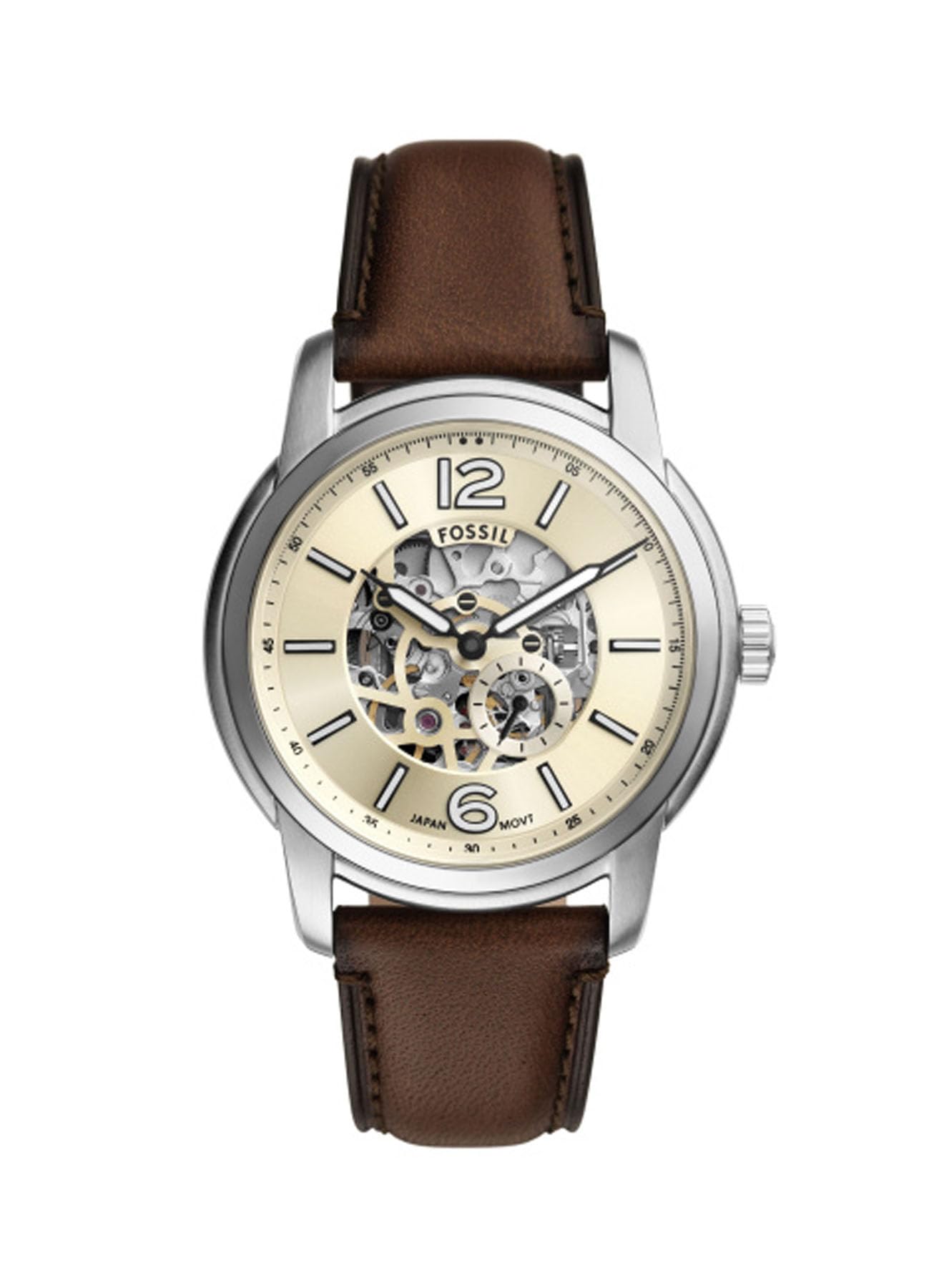 Fossil Men's Cream Heritage Brown Leather Strap Skeleton Dial Automatic Me3264 Watch