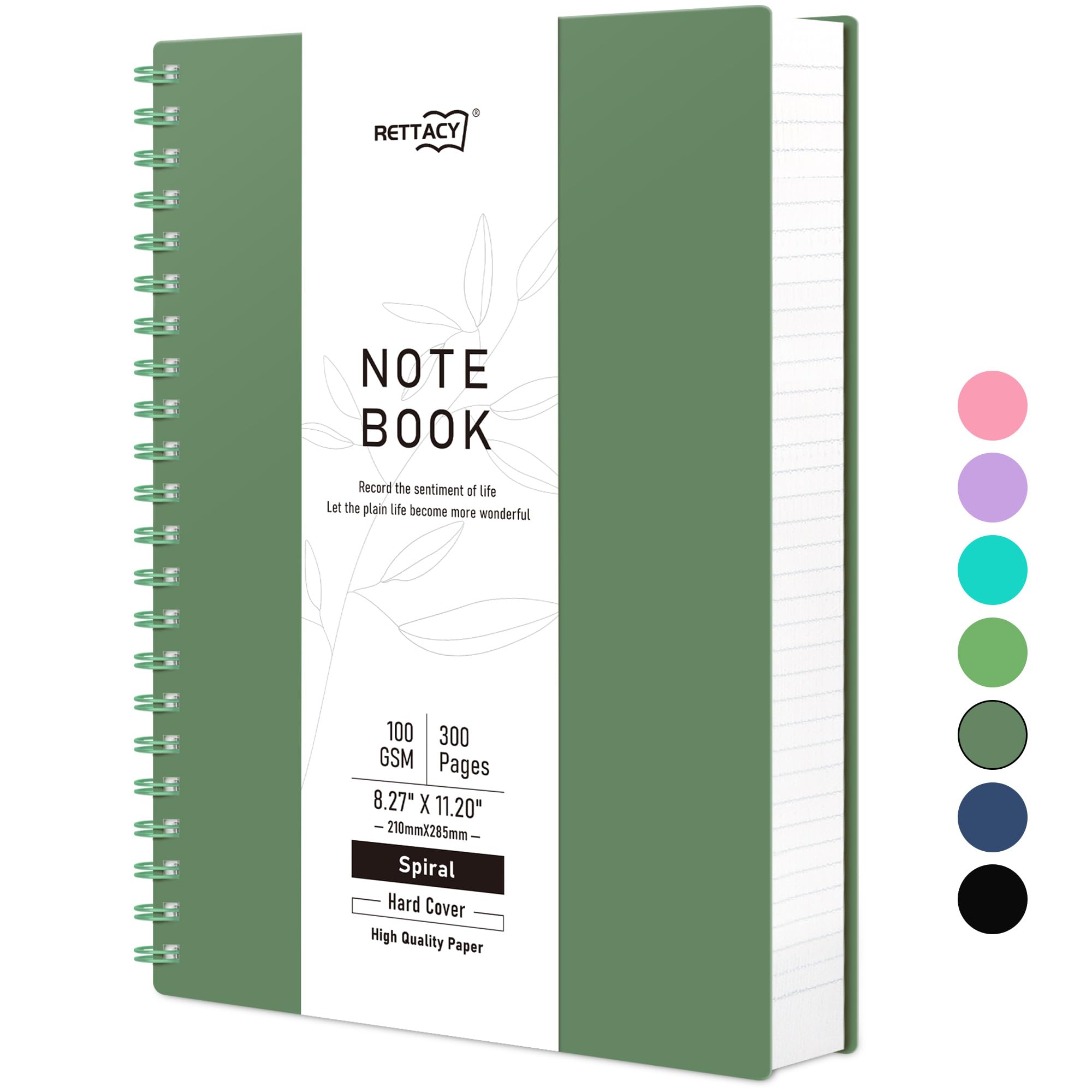 RETTACY Cuaderno A4 con puntos, cuaderno en espiral, 300 hojas/150 páginas para escribir, 100 g/m², tapa dura de PVC, para mujeres, hombres, trabajo, oficina, escuela, 21,5 x 27,9 cm, verde oscuro