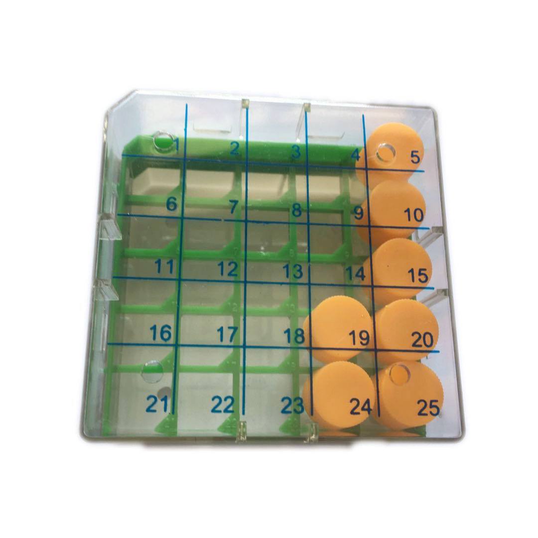 CryoBox - Estante para viales de policarbonato, 75 mm de largo x 75 mm de ancho x 52 mm de alto, matriz de 5 x 5, 25 lugares (paquete de 5) (verde)