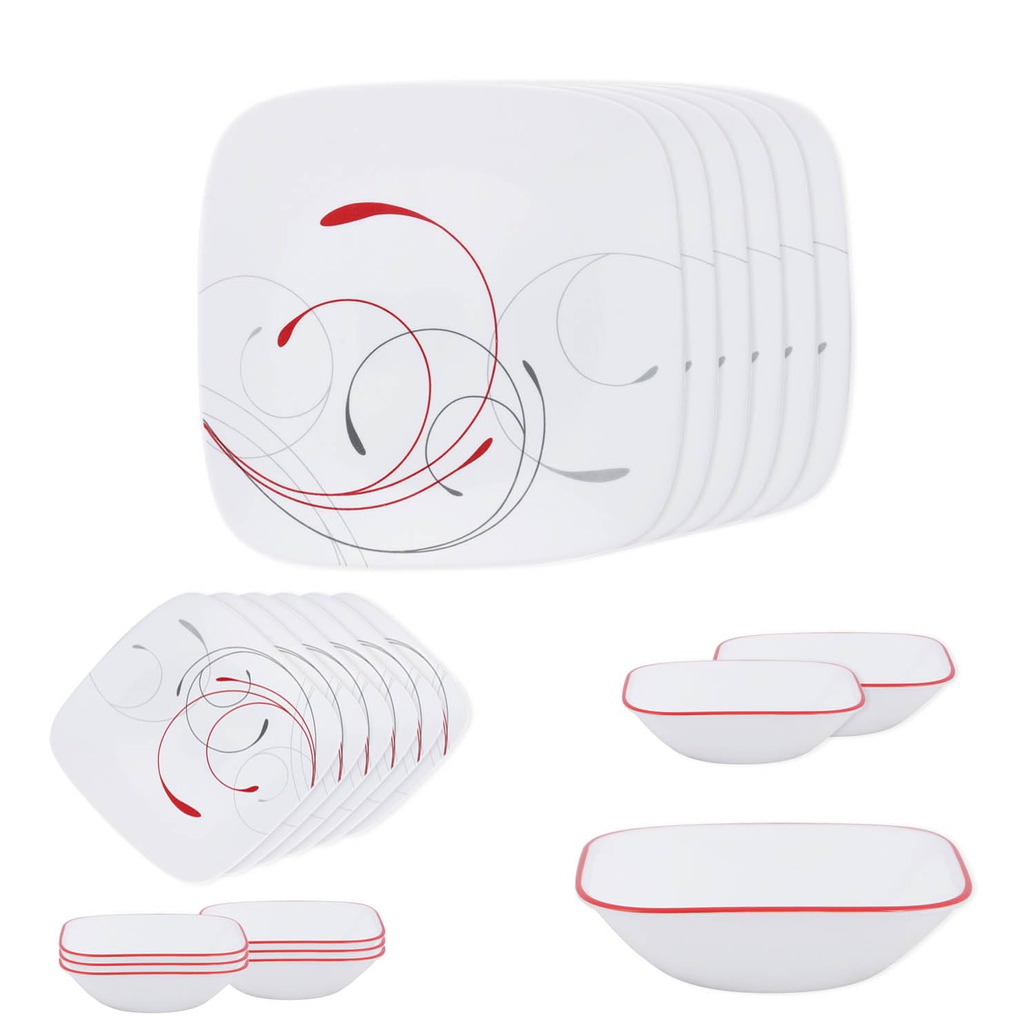 CORELLE 21 Pc Square Round Dinner Set - Splendor, Lightweight & Durable, Made of Vitrelle Glass, Microwave & Dishwasher Safe, Elegant Crockery for Dining & Gifting