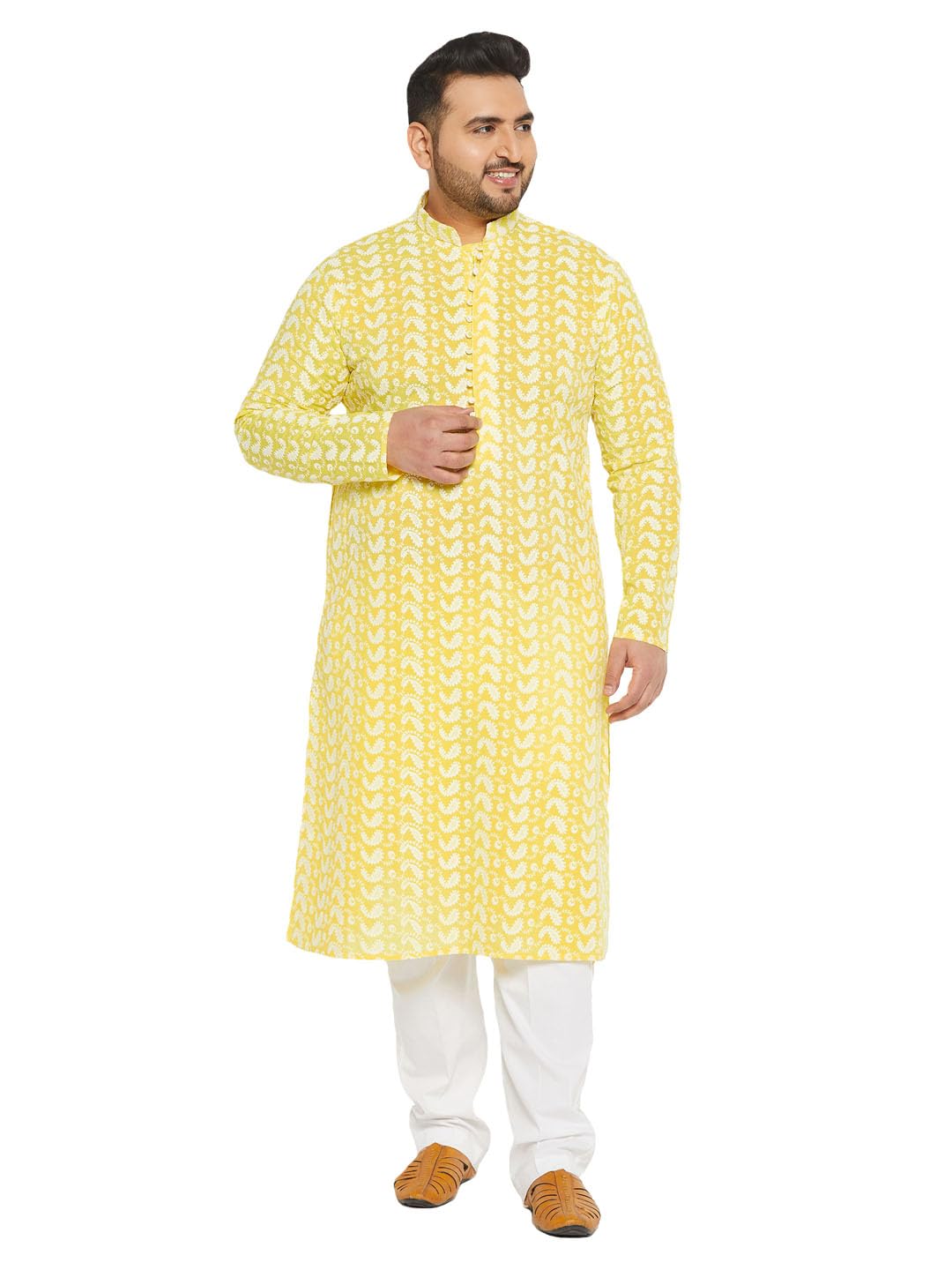 Men's Pure Cotton Kurta Pyjama Set || Classic Ensemble Of Lukhnowi Chikankari Kurta With Pyjama || Comfortable White Pant Style Pyjama With Elastic Waistband And Pockets-image-6