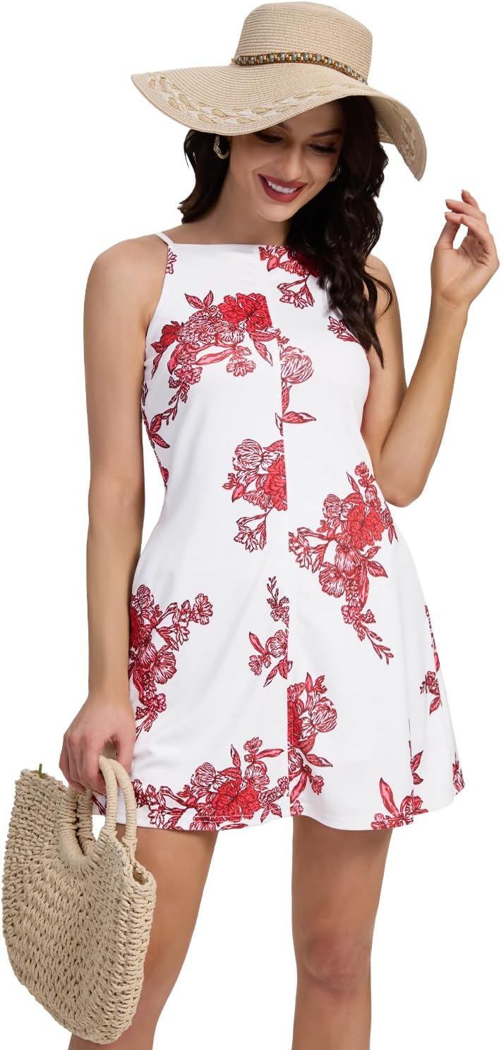 FANCYINN Women’s Halter Neck A-Line Mini Dress with Pockets Adjustable Spaghetti Strap Backless Elegant Date Night Dresses - Image 4