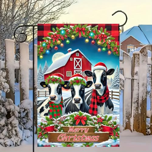 Image of BlissYard Christmas Garden Flag 12x18 Inch Farm Cows Barn Yard Decor