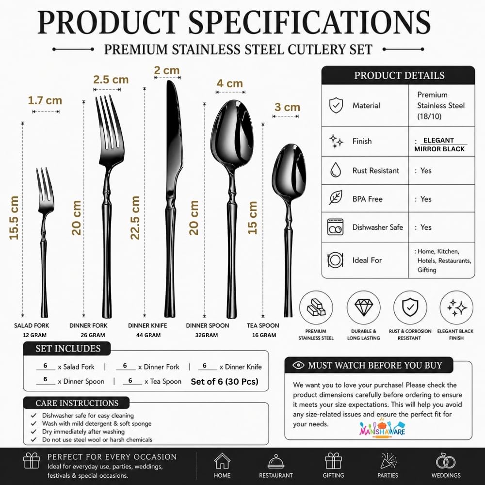 Elegant Handle Black 30 Pcs Steel Cutlery Set for Dining Table — Amazon image 4