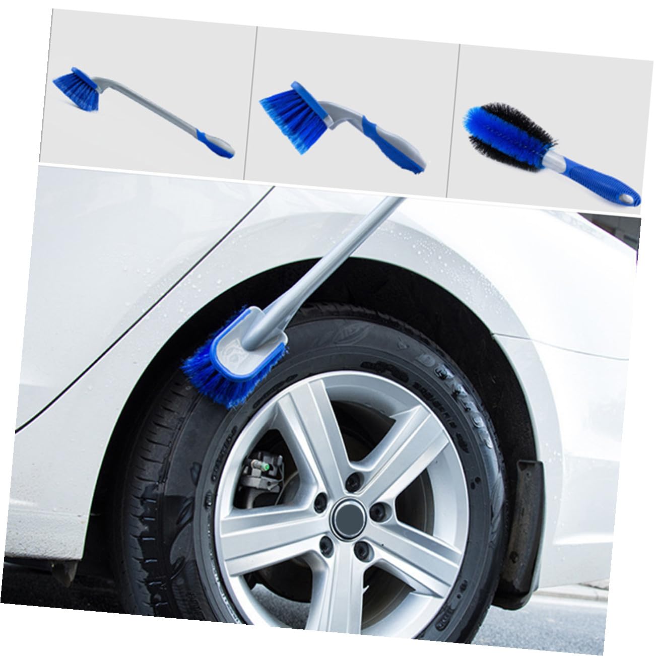 PLAFOPE Kit Spazzole Pulizia Pneumatici Auto 3 Pezzi Blu PVC Pp | Set 1 Spazzola Corta Cerchi, 1 Spazzola Corta Gomme, 1 Spazzola Lunga, per Veicoli e Imbarcazioni