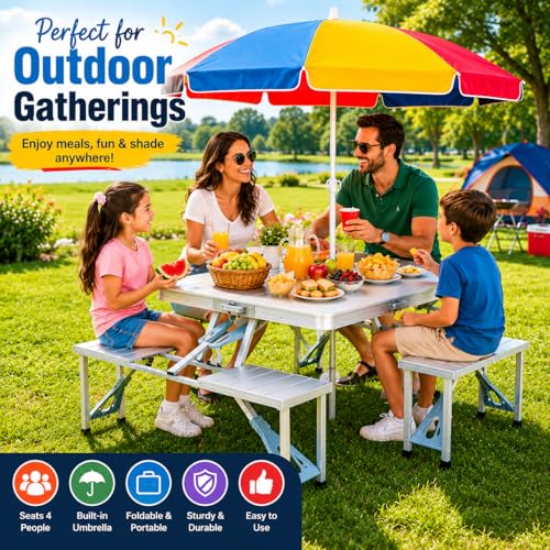 Image of Picnic Table Heavy Duty Aluminium Portable Folding Camp Suitcase Picnic Table and 4 Chairs Set with Umbrella (T1)