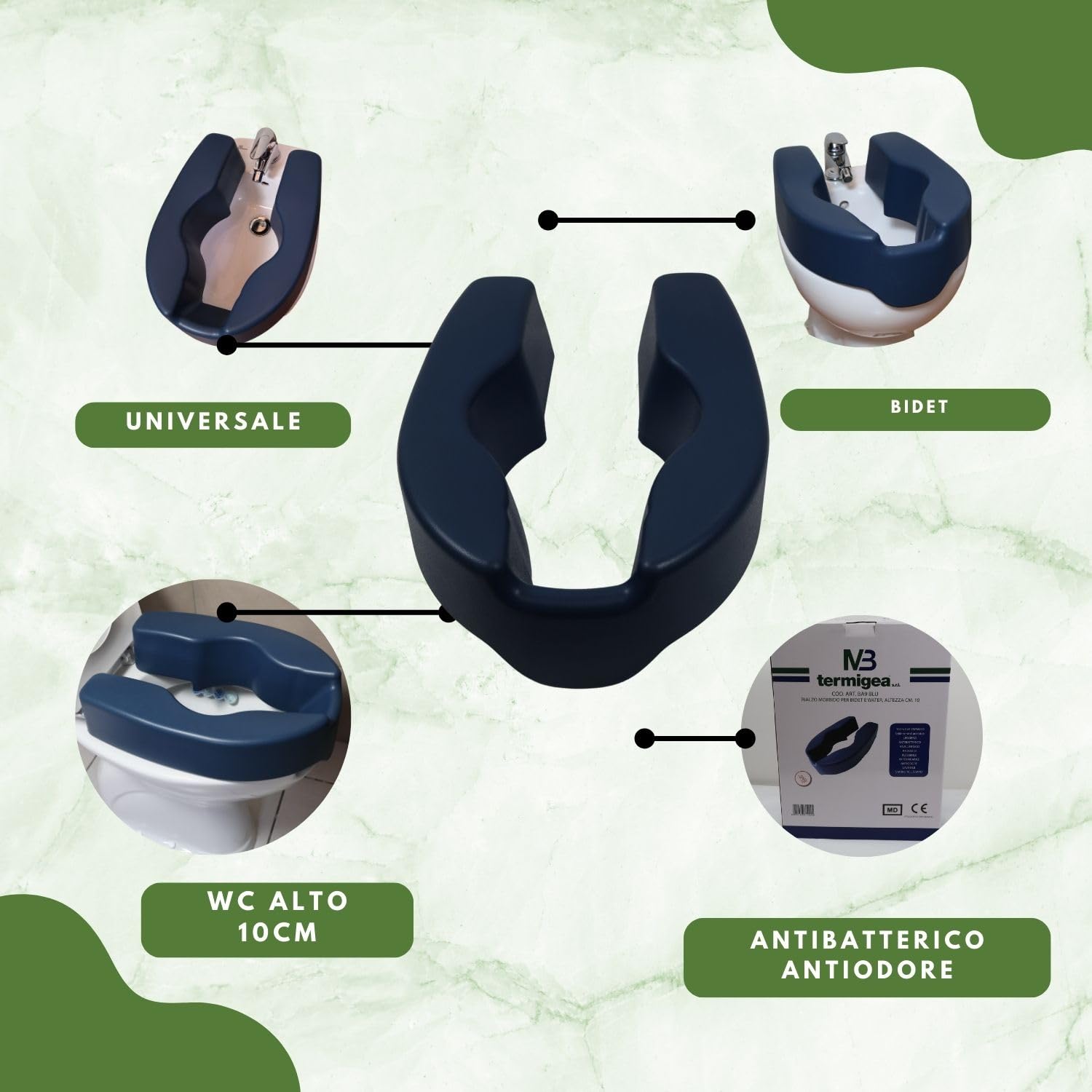 TERMIGEA Rialzo Wc e Bidet adatto SOLO per sanitari forma OVALE 10 cm Idrorepellente e Lavabile in EVA Rialzo Wc Per Anziane e Disabili resistente a macchie e odori. Solo da appoggio senza fissaggio