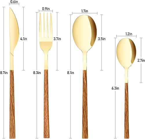 Miniatura 7 de Juego de cubiertos de acero inoxidable para 4, juego de cubiertos con mango de madera de imitación, incluye cuchillos, tenedores, cucharas, servicio