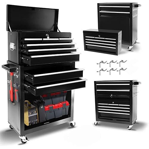 8-Drawer Rolling Tool Chest with Wheels & Detachable Top Toolbox - Heavy-Duty Tool Storage Organizer for Garage, Workshop, Includes 6 Hooks, Black