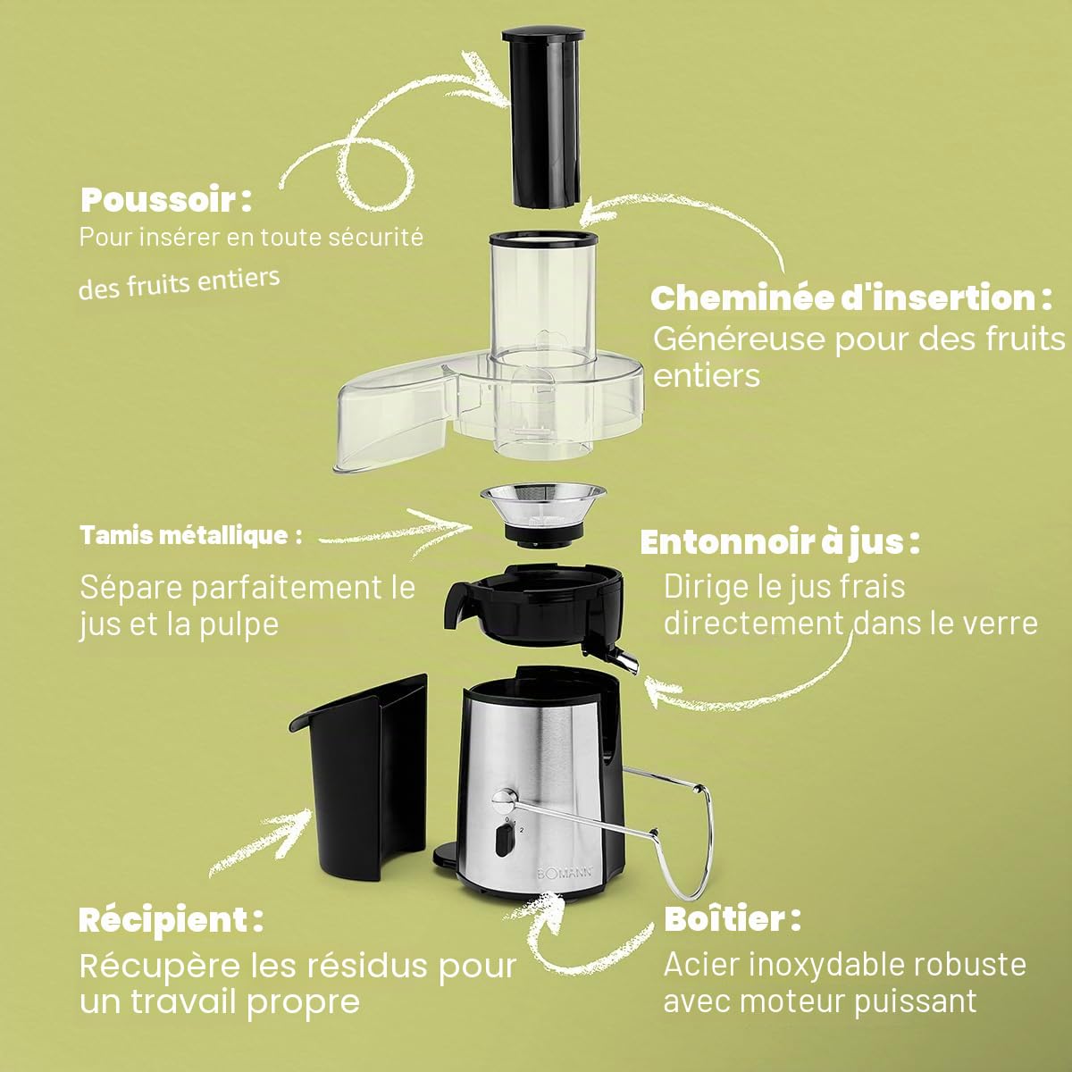 BOMANN, AE1917CB, Centrifugeuse professionnelle, 1000 W, 2 Litres, Cheminée de remplissage extra-large, Moteur à 2 vitesses réglables, Verrouillage avec bouton de sécurité, Noir/Argent