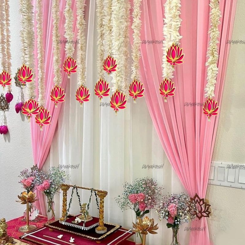 Divyakosh Wood Lotus Hanging 7 Pcs With White Artificial Flowers, 3 Ft Each, Handmade Wall Decoration Lotushanging | Floral Wall Hangings For Temple Décor,Home Decor,Diwali & All Festival Décor 3