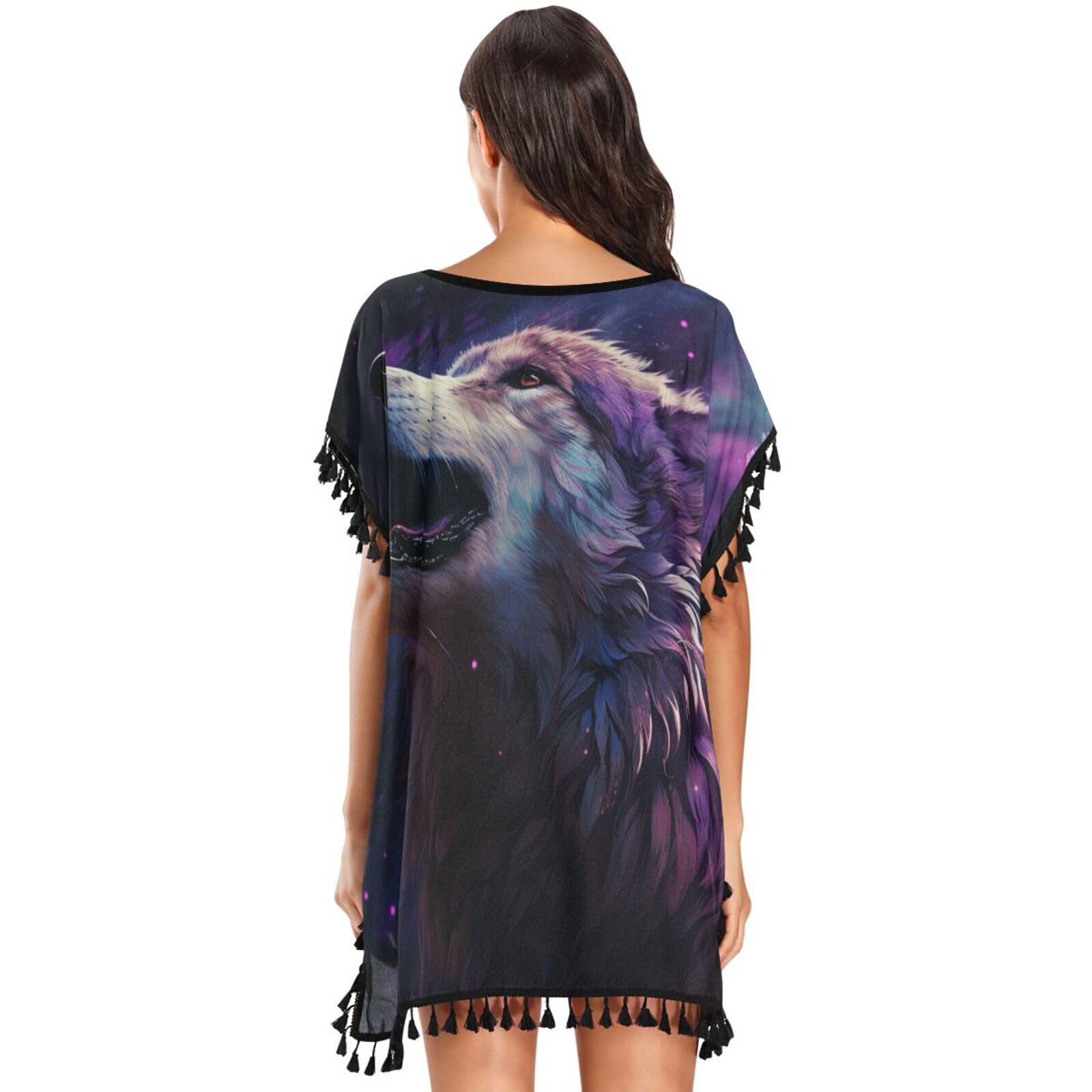 Purple Abstract Howling Wolf Space Women's Beach Cover Up Chiffon Tassel Swimwear Swimsuit Coverups for Girl