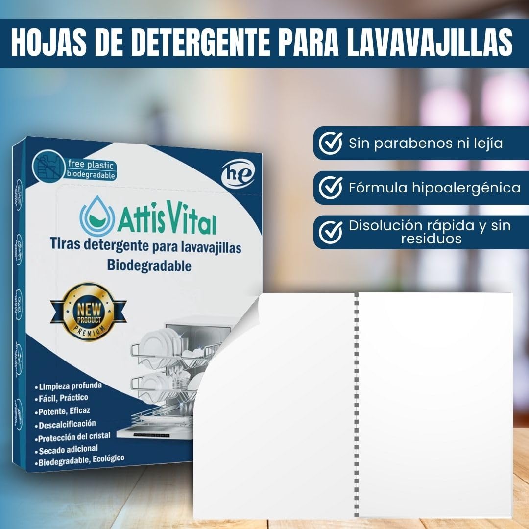 Detergente Lavavajillas Ecológico en Tiras AttisVital – 400 Lavados –Vegano, Biodegradable – Sin Plástico, Fosfatos ni Cloro – Limpieza, Abrillantado y Antical (400)
