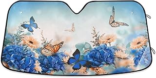 Butterfly Daisy Car Windshield Sun Shade Blue Hydrangea Yellow Flowers Foldable UV Ray Sun Visor Protector Sunshade to Keep Your Vehicle Cool (55" x 27.6")