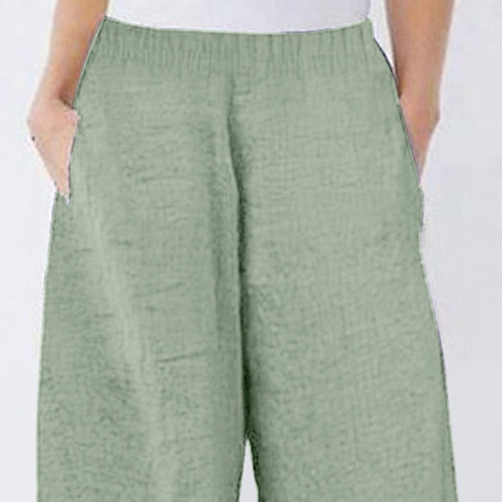 Maiyifu-GJ Women's Printed Linen Wide Leg Pants Summer Elastic Waist Beach Harem Trousers Lightweight Cropped Bottoms Pants (Light Green,Medium)