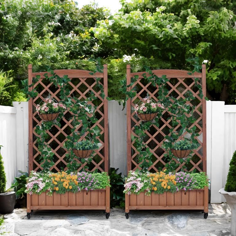 Jardinière surélevée avec treillis Lot de 2 bacs à roulettes pour plantes grimpantes