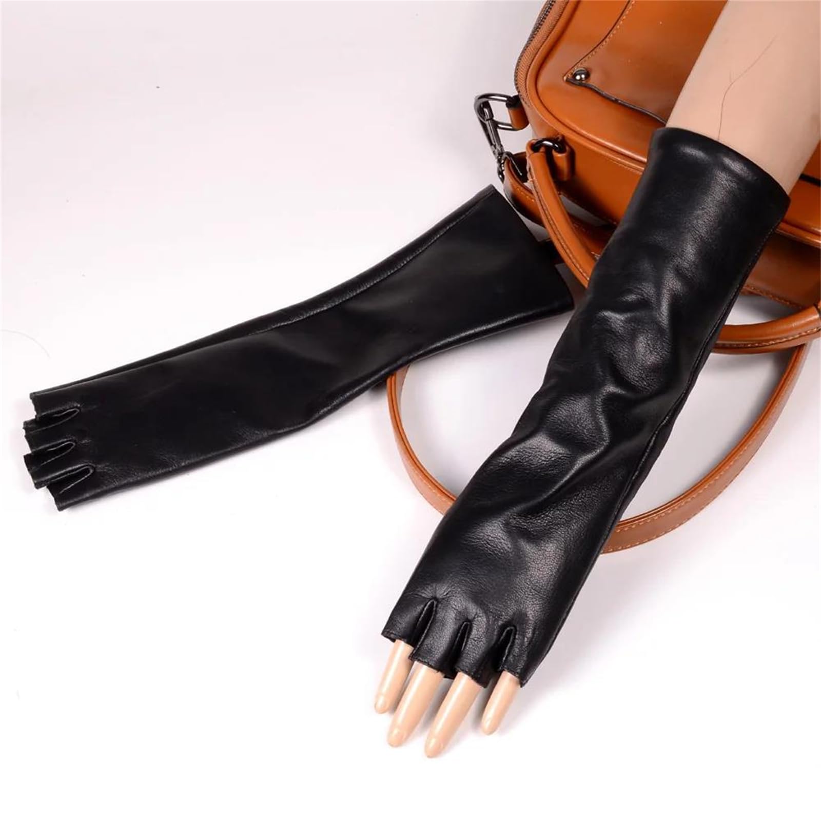 Guantes largos de piel de oveja auténtica para mujer, con medio dedo, longitud de ópera, formal, para fiesta de noche