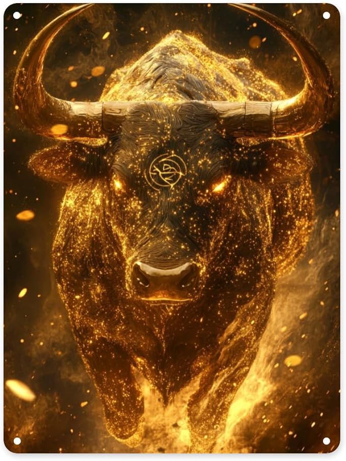 Taurus radiating golden light Metal tin sign,Fantasy starry sky background,Classic Zodiac sign themed home wall art poster,man cave, office wall decoration tinplate 12x16 inch