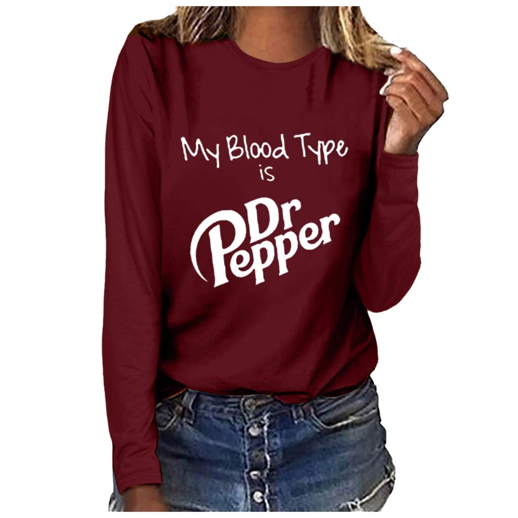 My Blood Type is Dr Pepper Shirt Womens Long Sleeve Graphic Tee Shirt Casual Loose Athletic Shirts Tops Blouse