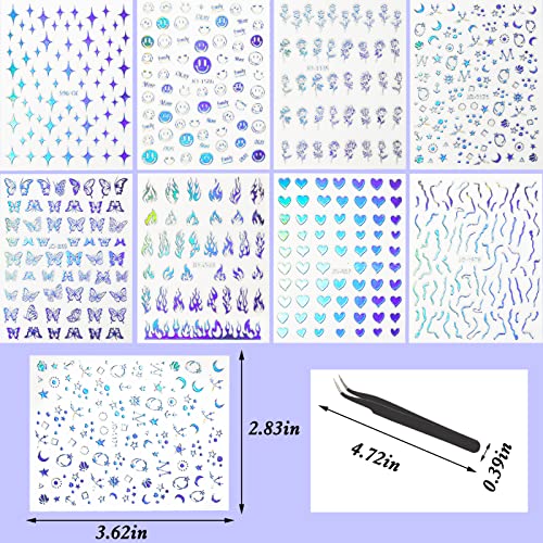 8 Sheets Aurora Nail Decal Stickers Holographic Laser Heart Moon Star Flower Butterfly Flame 3D Nail Art Stickers Self Adhesive Design Accessories For Diy Women Girl Acrylic Nails Decoration #TOP6