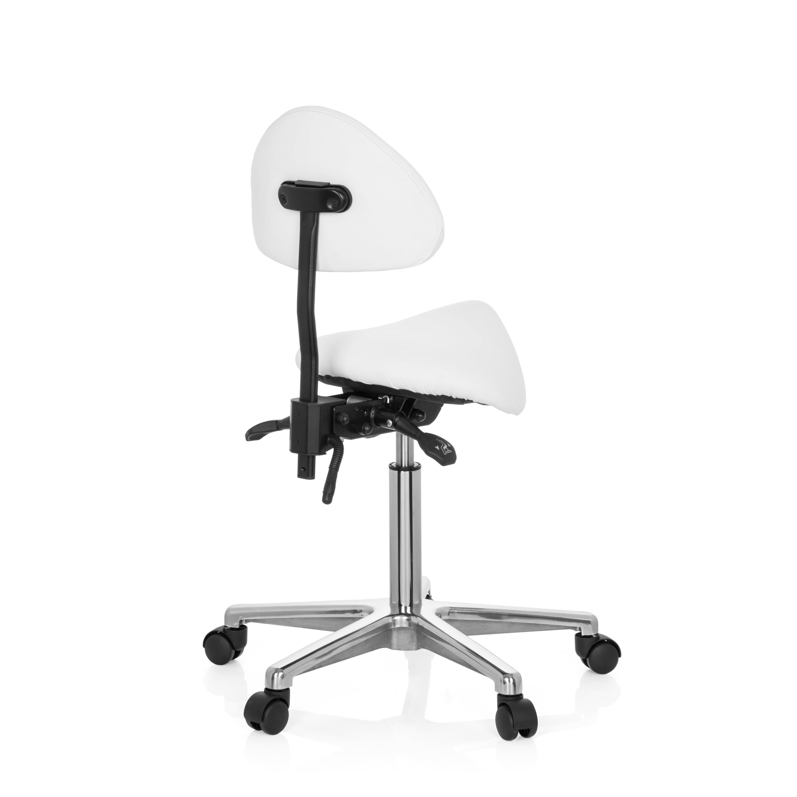 hjh OFFICE 608900 Arbeitshocker mit Lehne TOP Work 20 PU Weiß Sattelhocker mit Rollen höhenverstellbar, neigbar