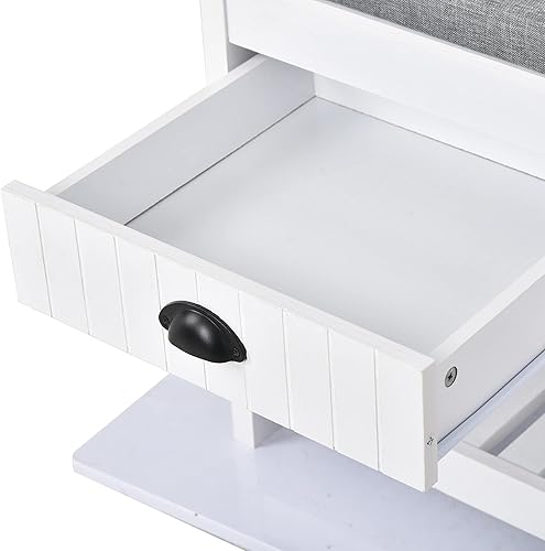 Miniatura 6 de Wollmix Perchero de madera, estante de tela, árbol de pasillo con 4 ganchos y tapa con bisagras, banco de entrada, banco de almacenamiento, diseño 3